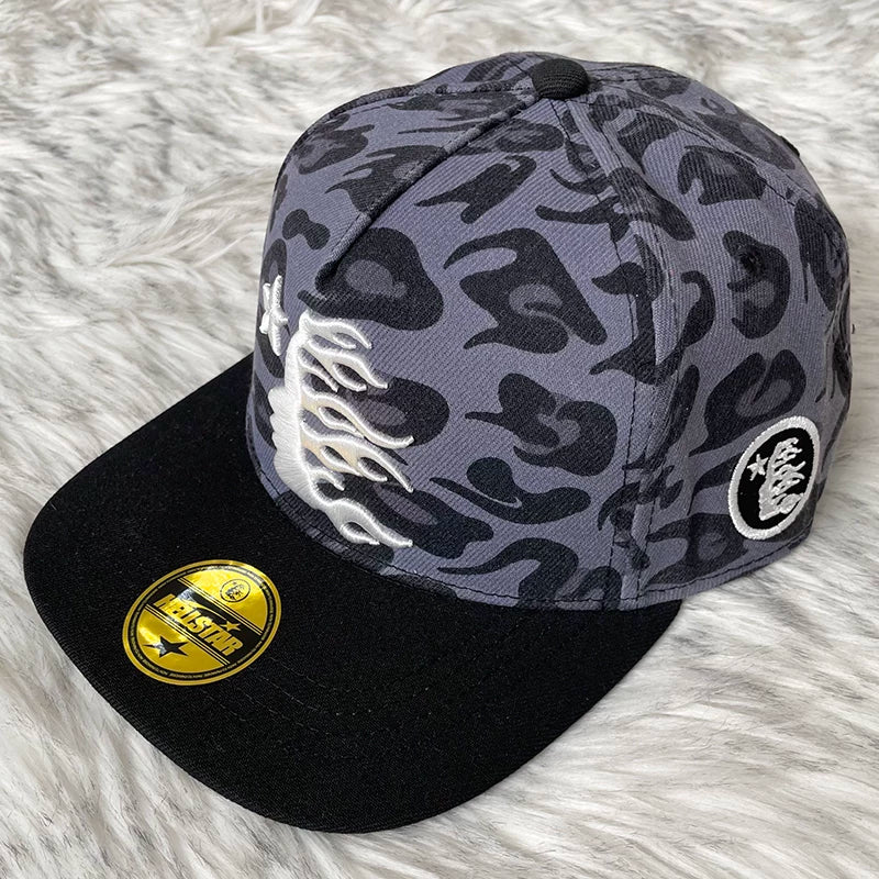 Hellstar Grey Leopard Black Brim Flame Star Flat Brim Cap