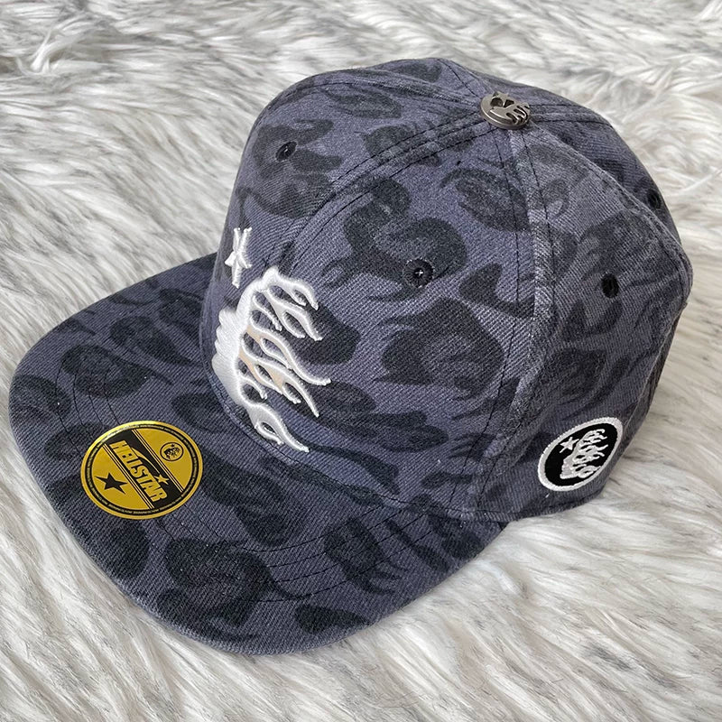 Hellstar Grey Leopard Flame Star Embroidered Flat Brim Cap