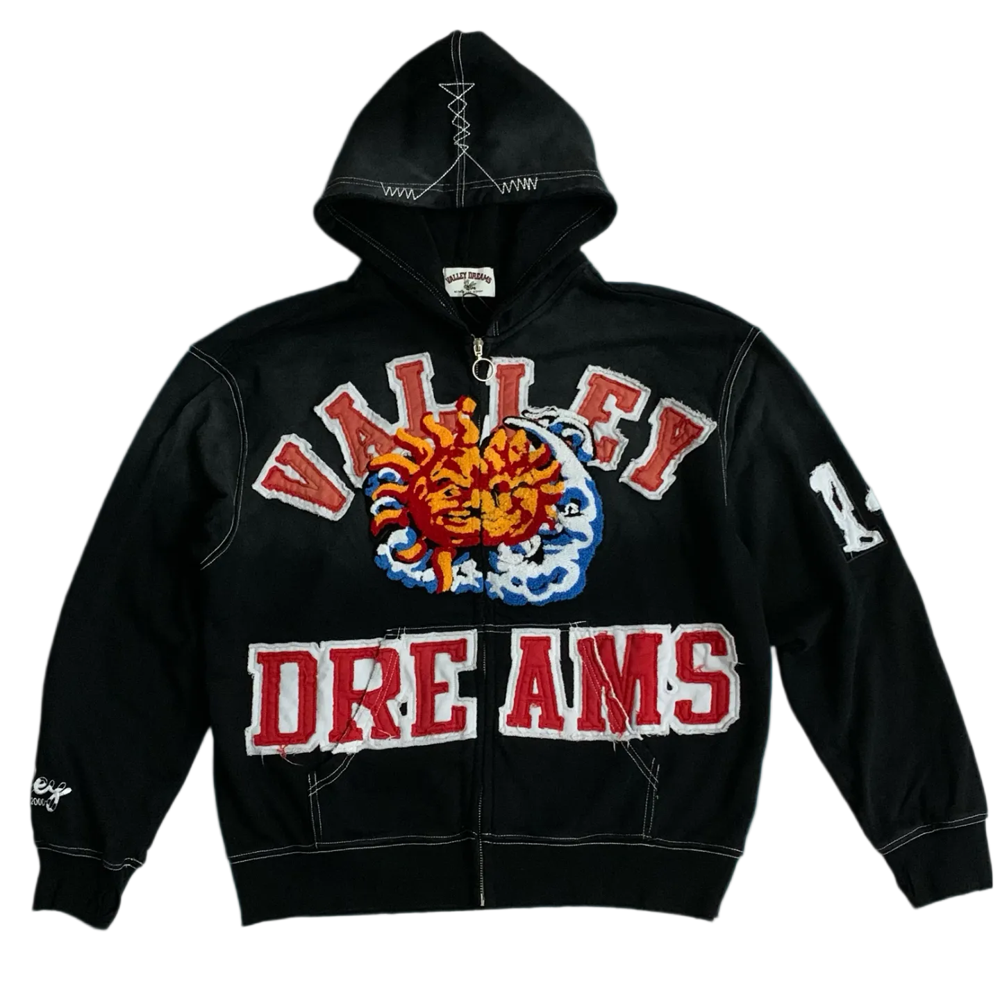 Valley Dreams Sun‑Moon Graphic Zip‑Up Hoodie, Unisex Black Vintage Streetwear Jacket