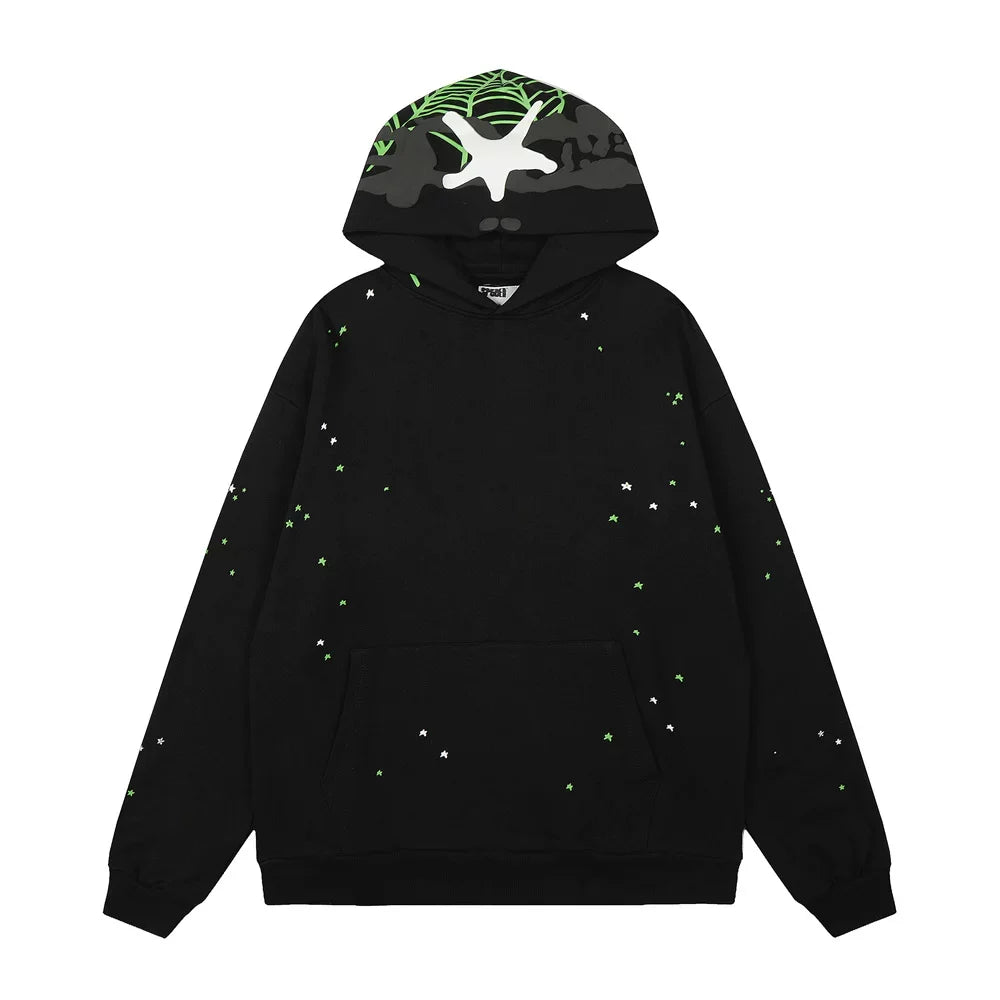 Sp5der Black Pullover Hoodie with Neon Green Web & Camo Lining