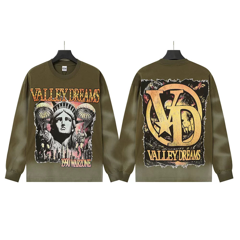 VALLEYDREAM Olive Green Statue Portrait Graphic Long Sleeve T-Shirt