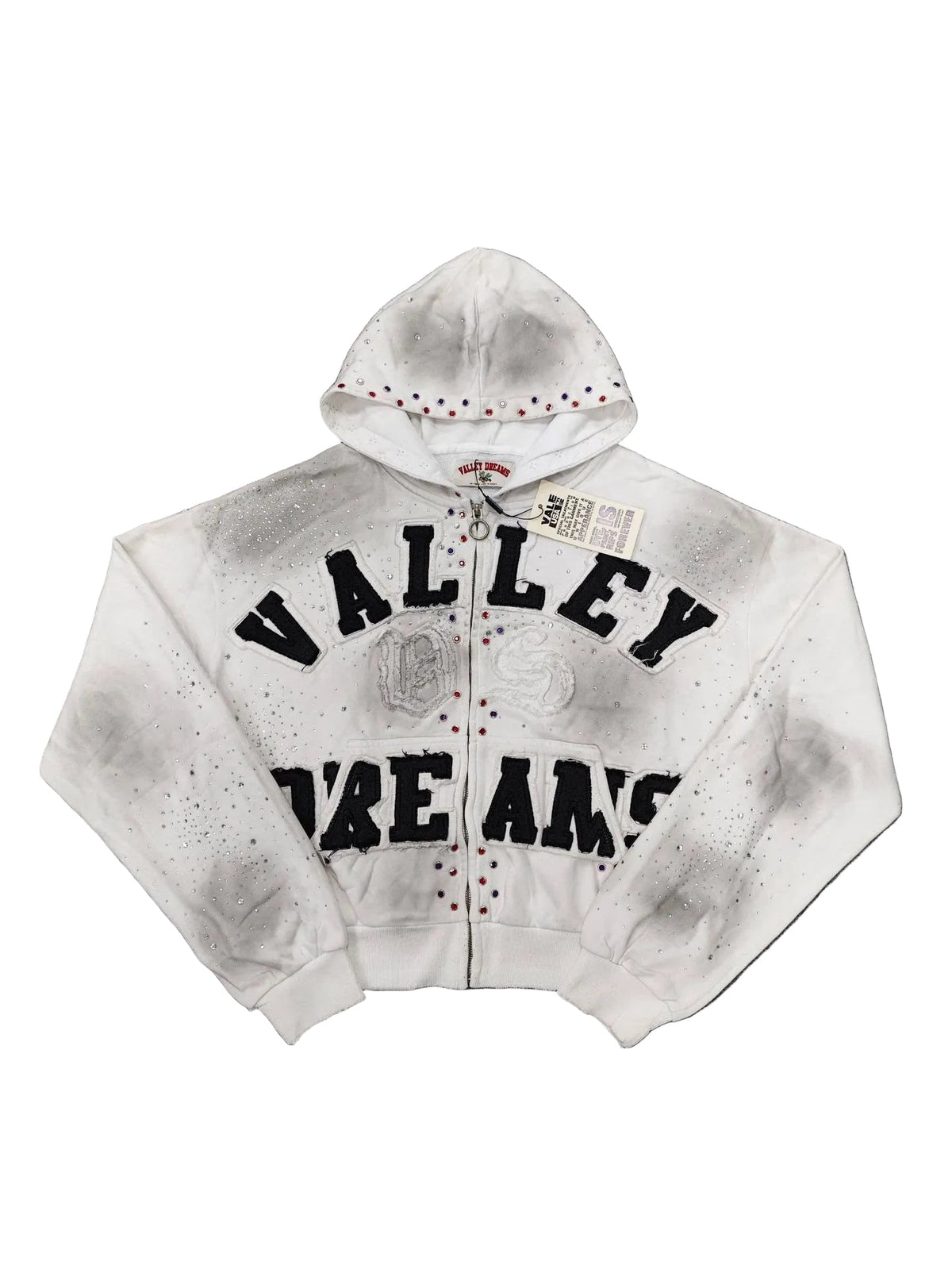 Valley Dreams Rhinestone Zip‑Up Hoodie, Unisex White Washed‑out Streetwear Jacket