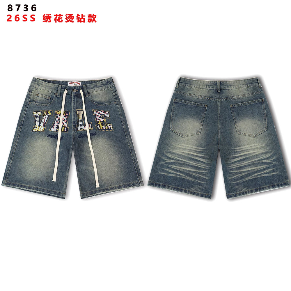 VALEFOREVER Vintage Blue Denim Shorts with Two-Tone Print