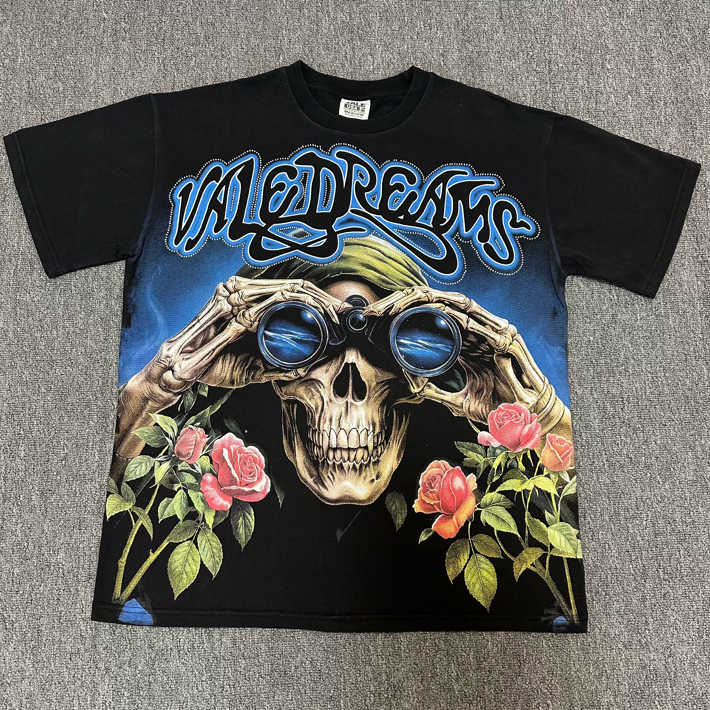 VALEFOREVER Black Skull Rose Binocular Vintage Graphic Short Sleeve T-Shirt