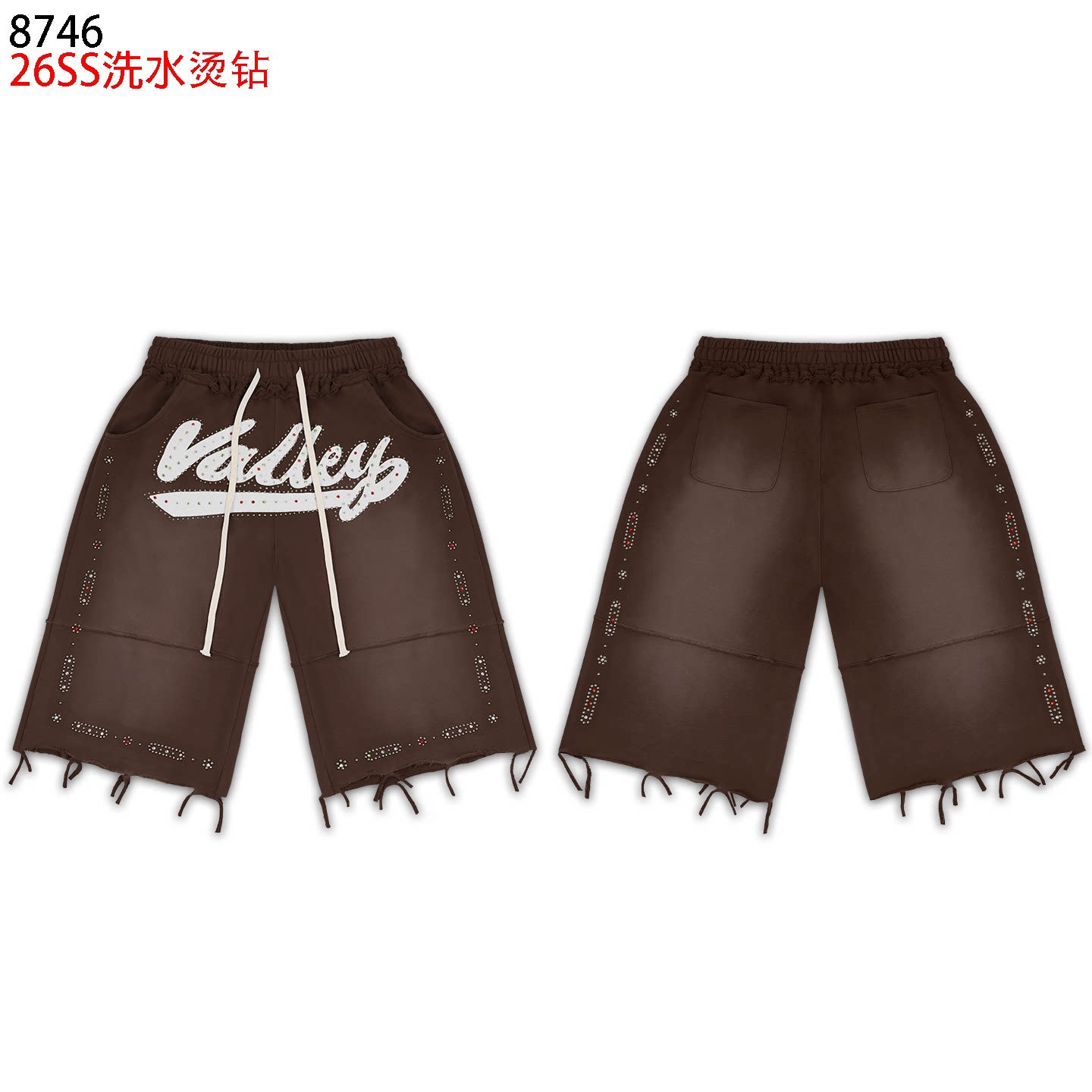 VALEFOREVER Brown Washed Rhinestone Shorts with Script Logo & Fringe Hem
