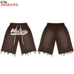 VALEFOREVER Brown Washed Rhinestone Shorts with Script Logo & Fringe Hem