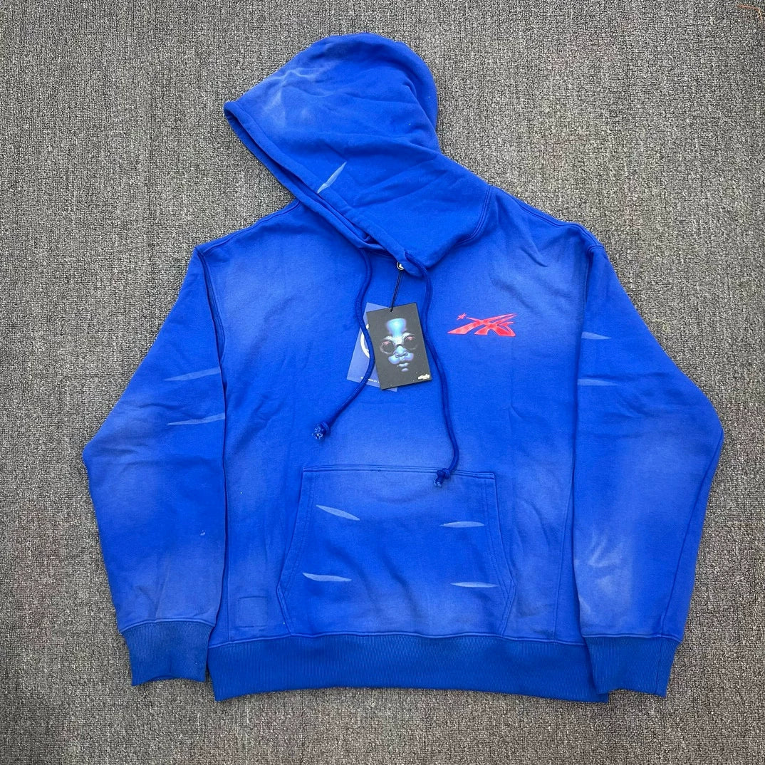 Hellstar Blue Distressed Print Pullover Hoodie