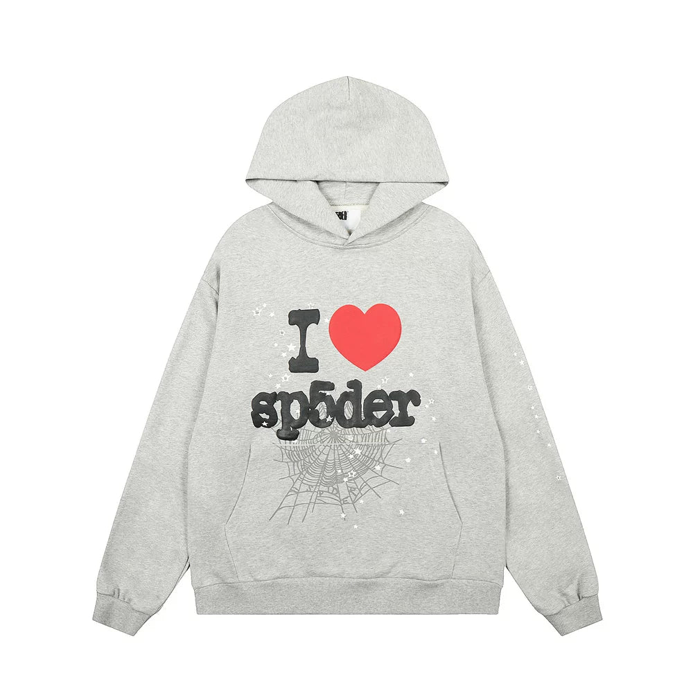 Sp5der "I Sp5der" Heart Graphic Pullover Hoodie - Grey
