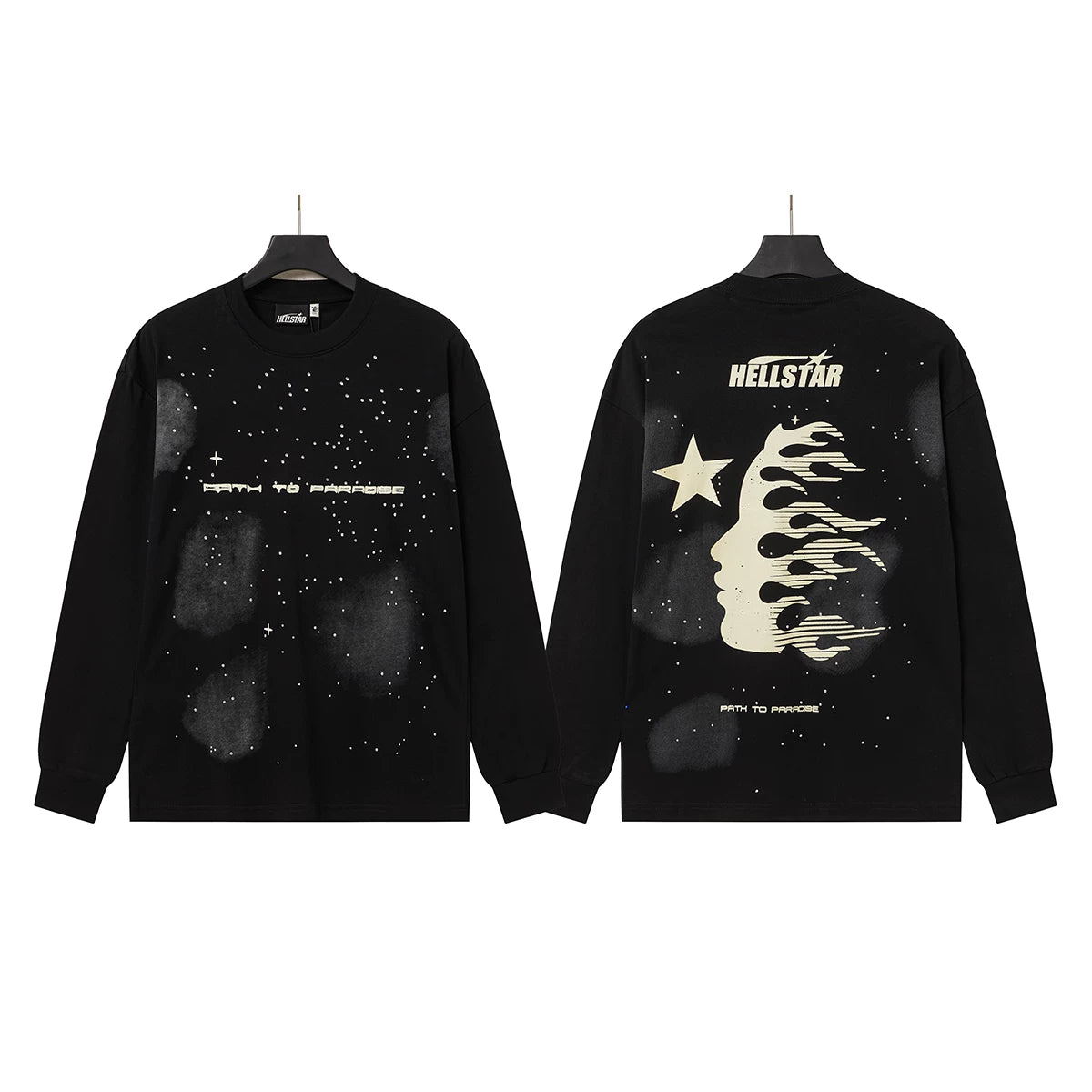 Hellstar Black Starry Sky Distressed Flame Long Sleeve Top