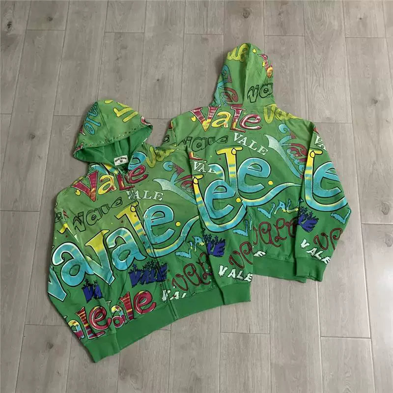 VALEFOREVER Green All Over Graffiti Print Zip Up Hoodie