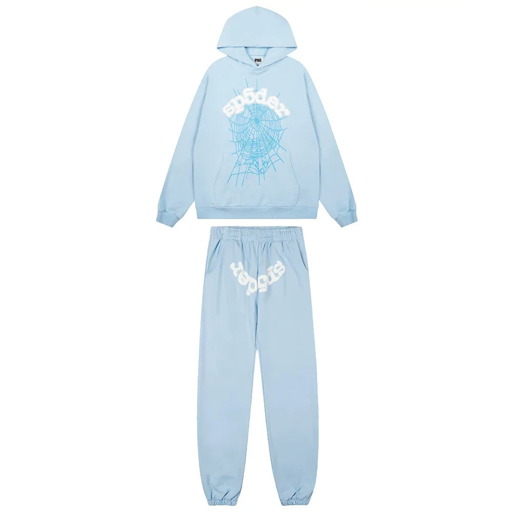 Sp5der Graphic Splash Hoodie & Sweatpants Set - Light Blue