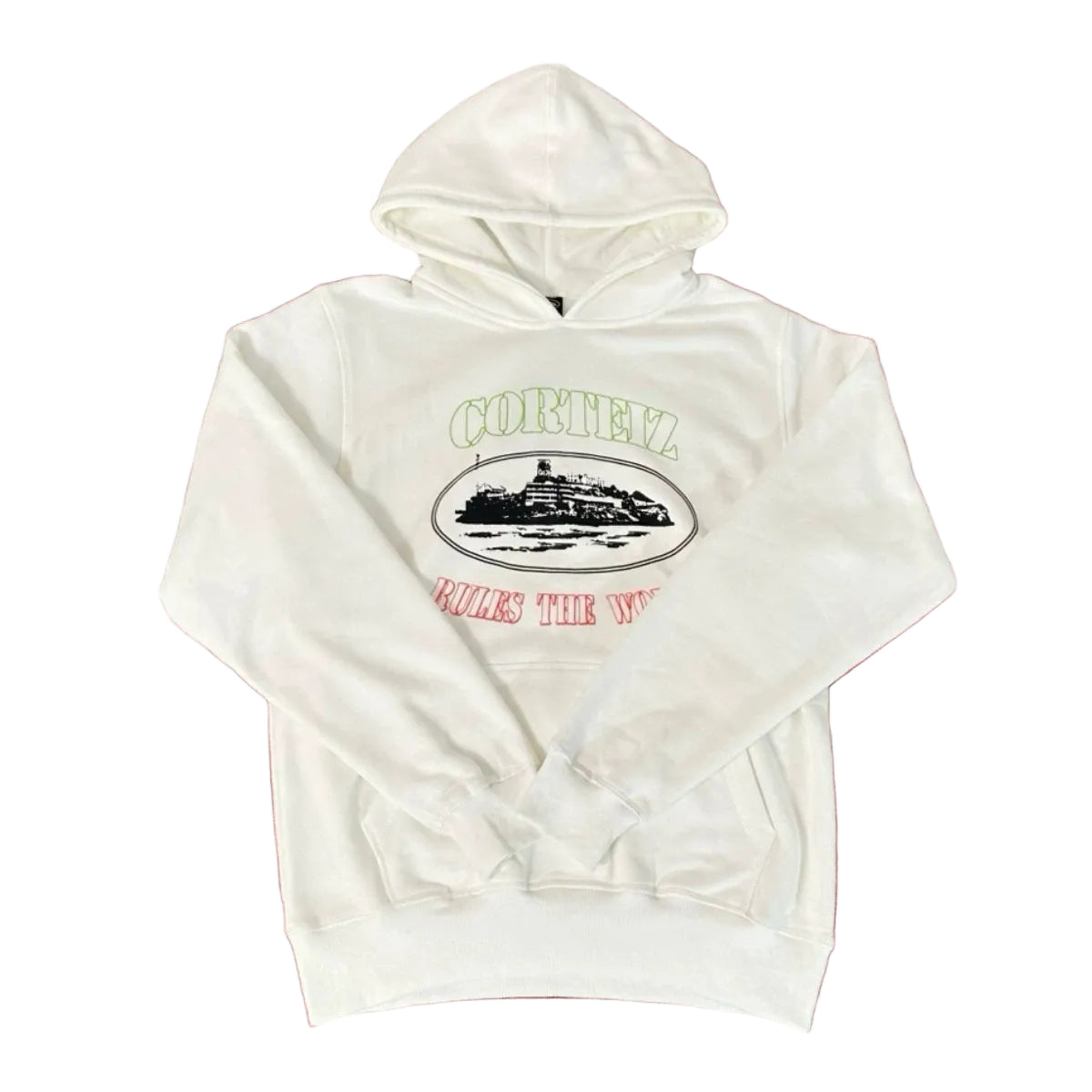 Corteiz “Alcatraz” Off-White Hoodie — Vintage Island Graphic on Oversized Streetwear Pullover