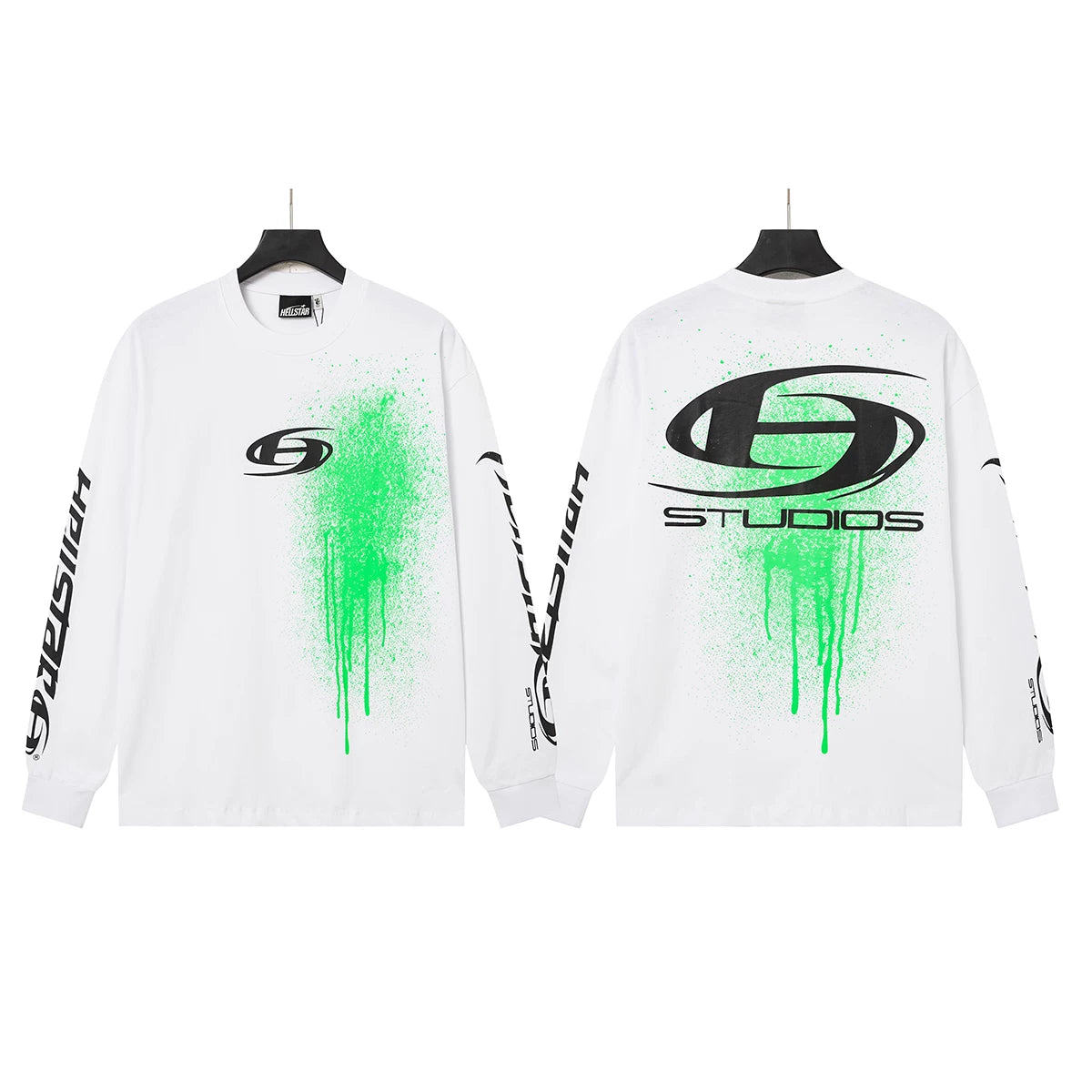 Hellstar White Green Drip Studios Logo Long Sleeve Top