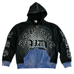 Valley Dreams Gothic‑Text Spiral Zip‑Up Hoodie, Unisex Black‑Blue Vintage Streetwear Jacket