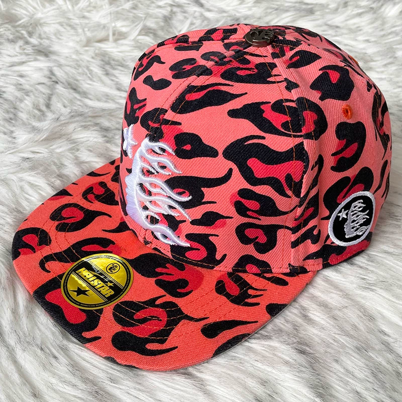 Hellstar Red Leopard Flame Star Embroidered Flat Brim Cap