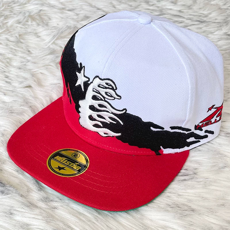 Hellstar White Red Flame Patchwork Flat Brim Cap