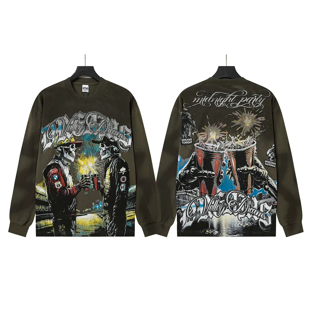 VALLEYDREAM Olive Green Vintage Figure Collage Graphic Long Sleeve T-Shirt