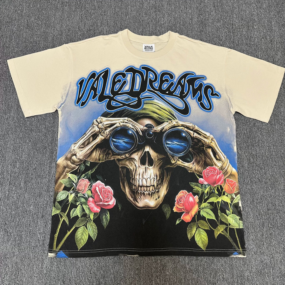 VALEFOREVER Cream Skull Rose Binocular Vintage Graphic Short Sleeve T-Shirt