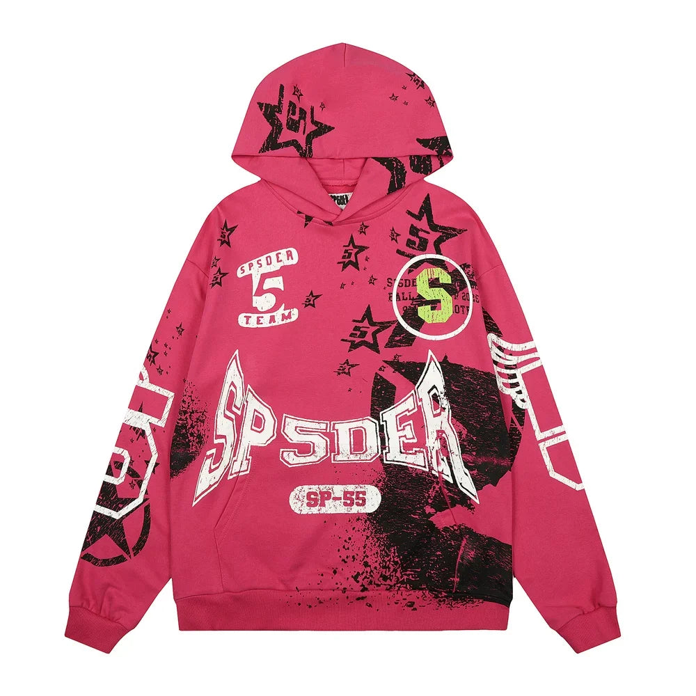 Sp5der Hot Pink Hoodie with Distressed All-Over Star and Logo Print