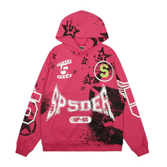 Sp5der Hot Pink Hoodie with Distressed All-Over Star and Logo Print
