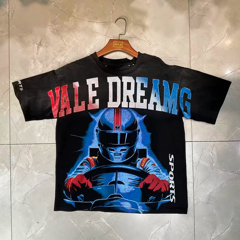 Valleydream Black Gradient Letter Racing Helmet Vintage T-Shirt