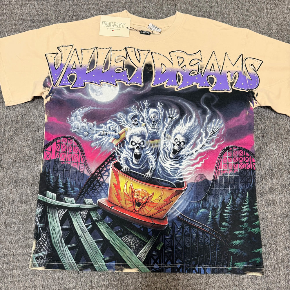 VALEFOREVER Cream Roller Coaster Skeleton Ghost Vintage Graphic Short Sleeve T-Shirt