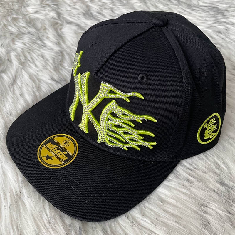 Hellstar Black Neon Green Rhinestone Letter Flat Brim Cap