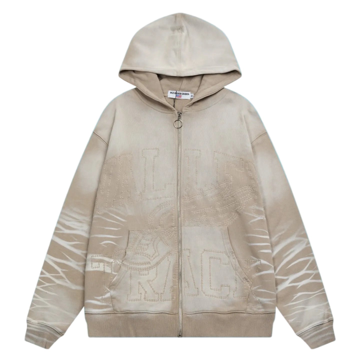 Valley Track Embossed Lightning‑Sleeve Zip‑Up Hoodie, Unisex Beige Vintage Streetwear Jacket
