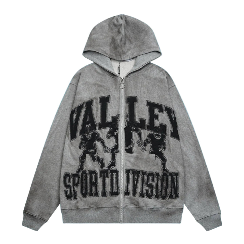 Valley Sport Division Graphic Zip‑Up Hoodie, Unisex Grey Vintage Streetwear Jacket