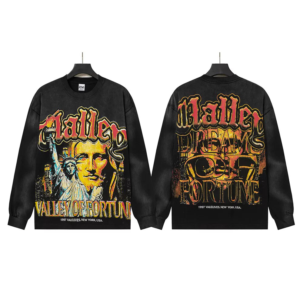 VALLEYDREAM Black Valley Of Fortune Retro Portrait Long Sleeve Tee