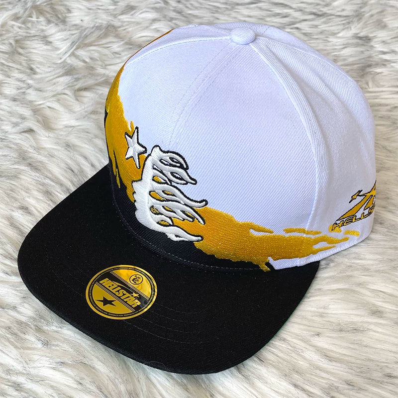 Hellstar White Black Yellow Flame Flat Brim Cap