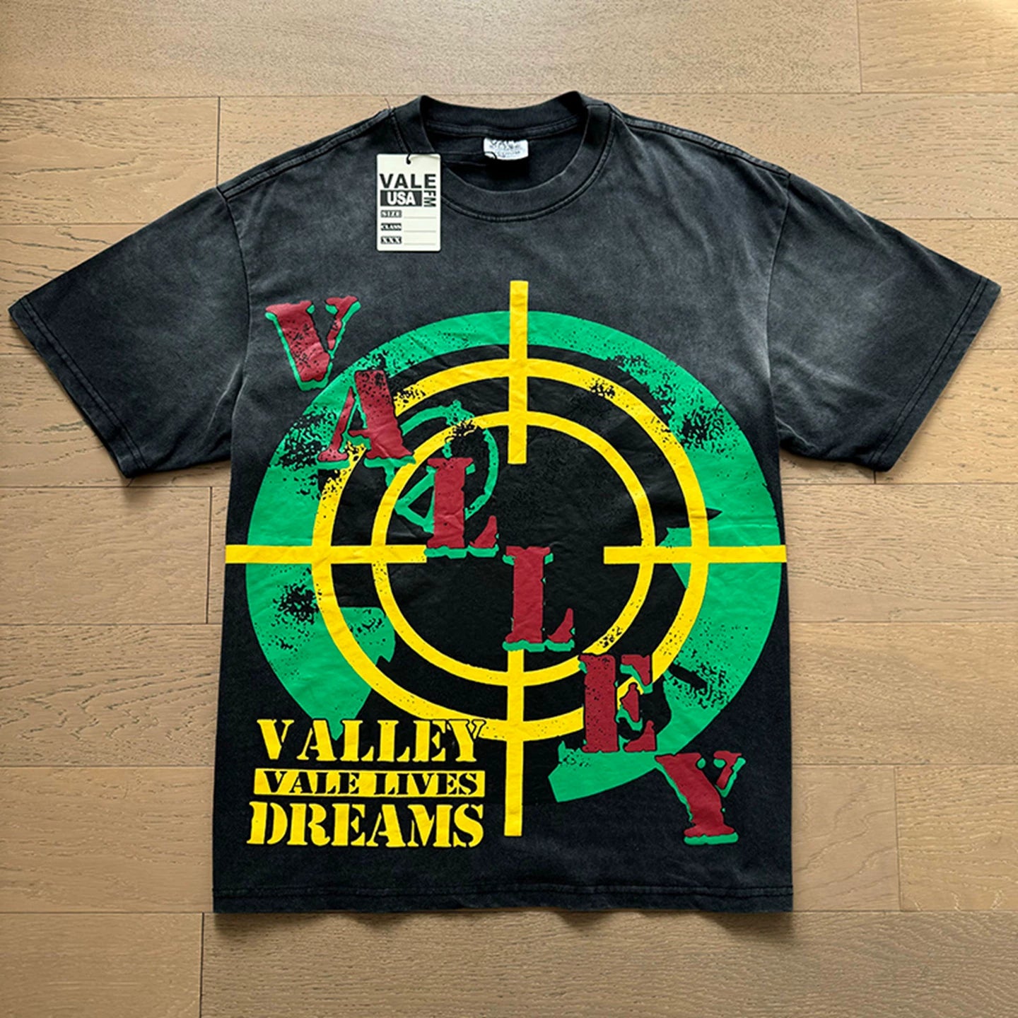 VALEFOREVER Black Washed Target Logo Retro Graphic Short Sleeve T-Shirt