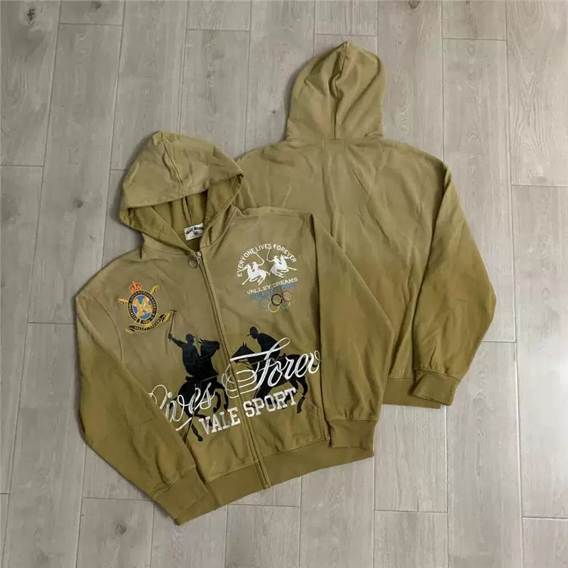 VALEFOREVER Khaki Gradient Cowboy Graphic Zip Up Hoodie