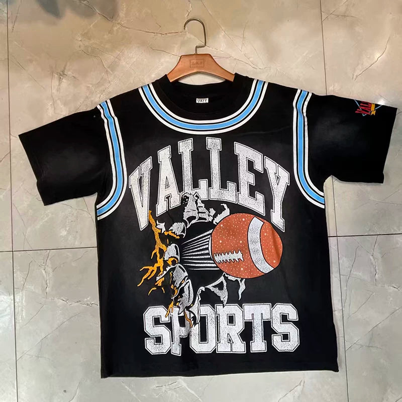 Valleydream Black Blue Striped Collar Valley Football Sports Vintage T-Shirt