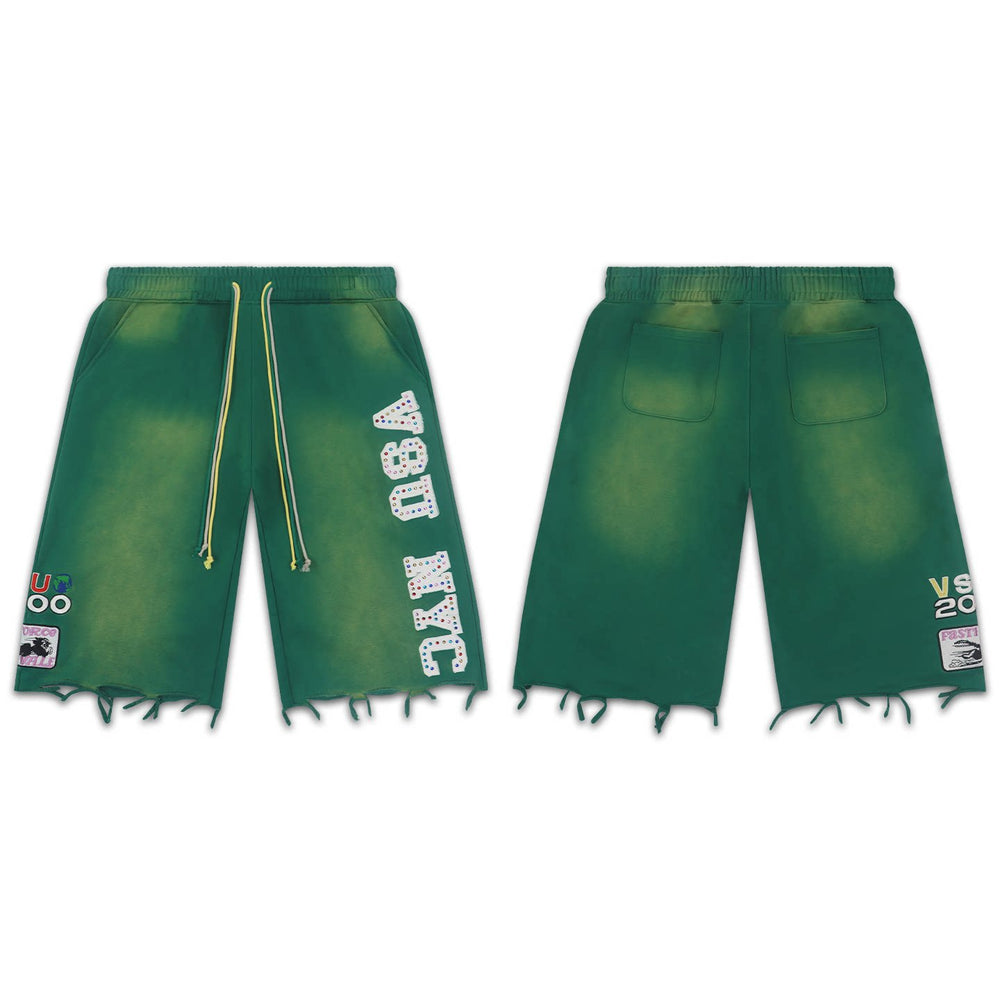 VALEFOREVER Green Washed Denim Shorts with White Graphic Print