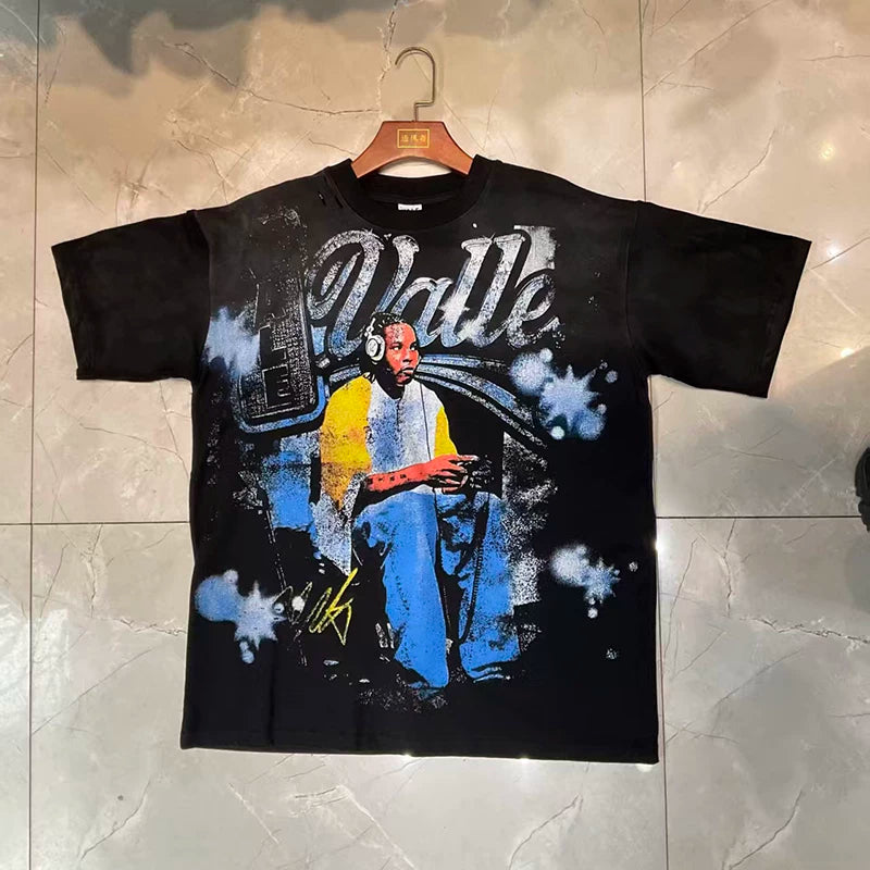 Valleydream Black Hip-hop Portrait Splash Ink Vintage T-Shirt