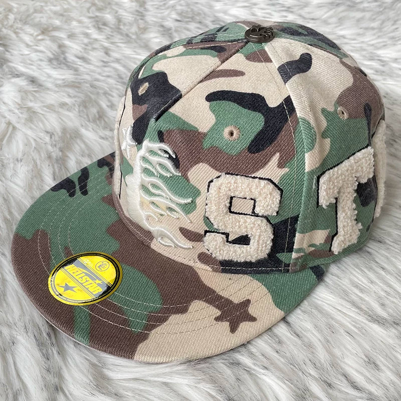 Hellstar Camo Neon Green Chenille Letter Flat Brim Cap