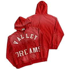 Valley Dreams Rhinestone‑Splatter Zip‑Up Hoodie, Unisex Red Vintage Streetwear Jacket