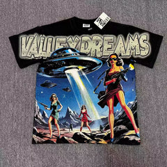 VALEFOREVER Black UFO Space Pinup Retro Sci-Fi Graphic Short Sleeve T-Shirt