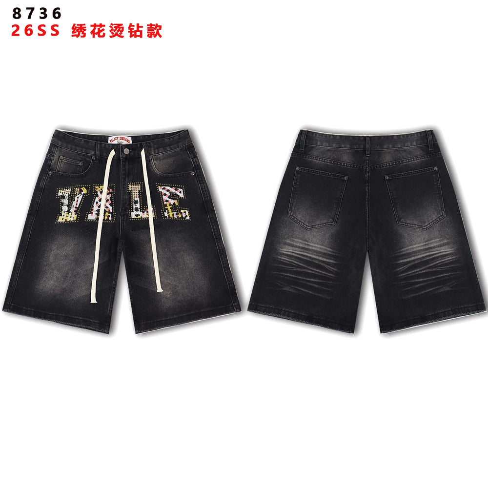 VALEFOREVER Black Faded Denim Shorts Embroidery Hotfix Rhinestone Logo
