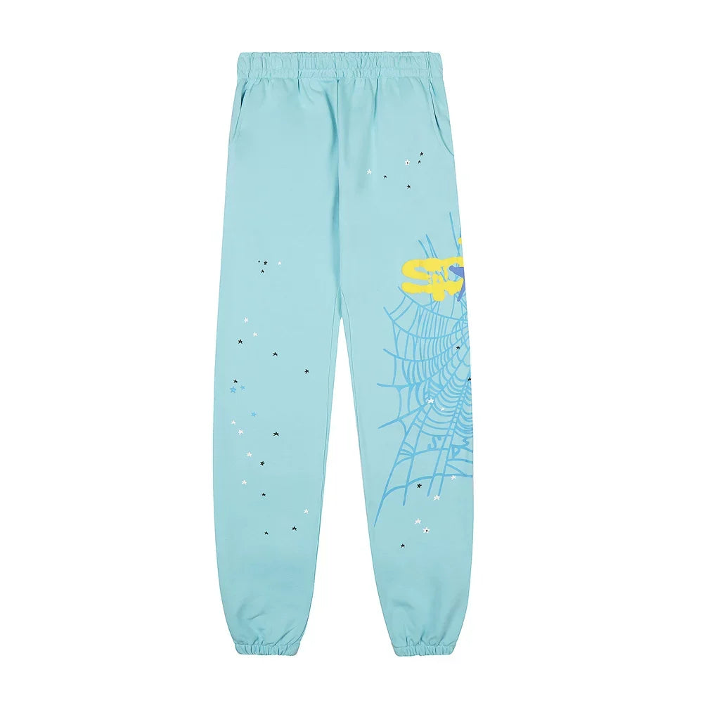 Sp5der Light Blue Joggers with Yellow Brand Tag and Blue Web Graphic