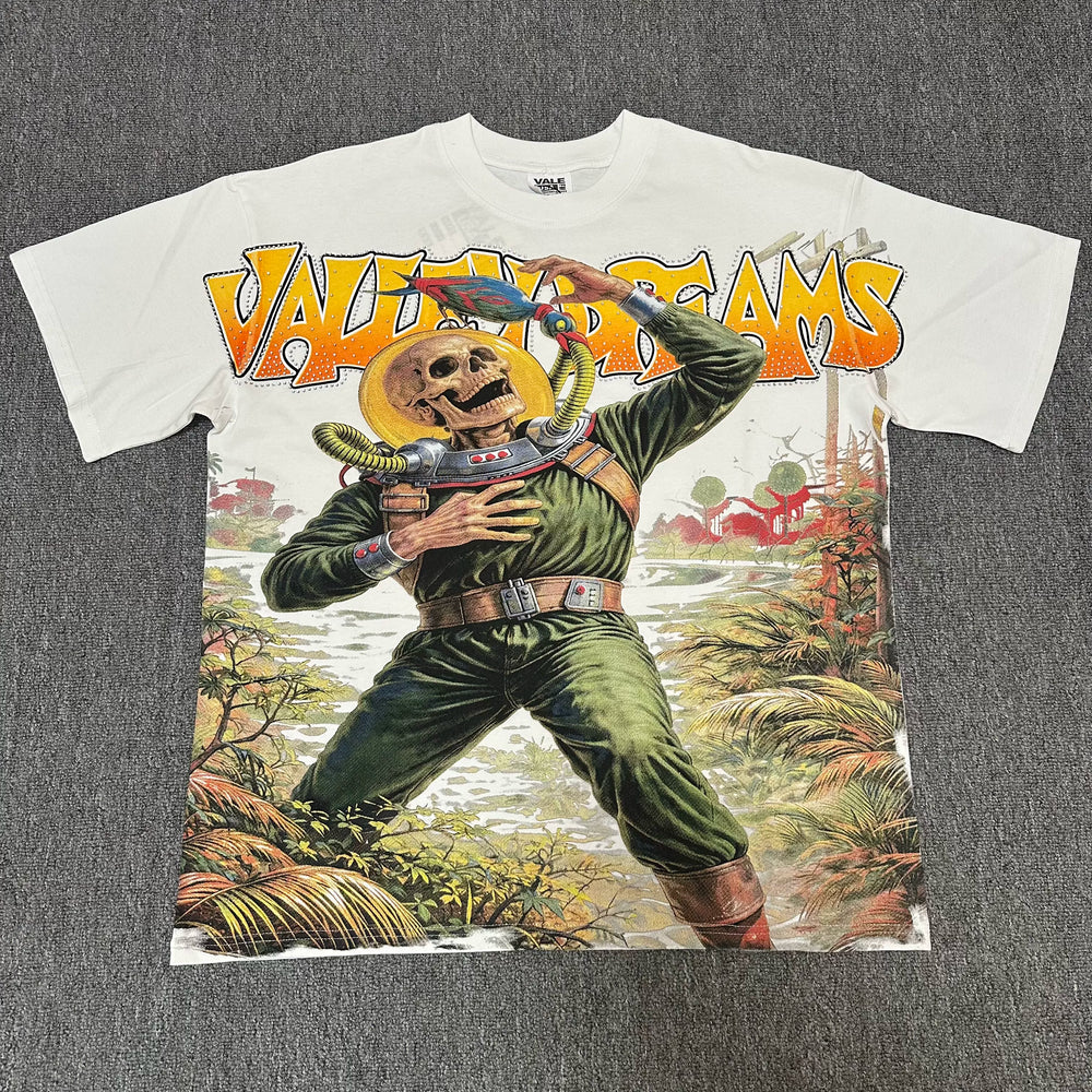 VALEFOREVER White Skeleton Astronaut Vintage Graphic Short Sleeve T-Shirt