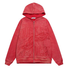 Valley Track Embossed Zip‑Up Hoodie, Unisex Red Vintage Streetwear Jacket