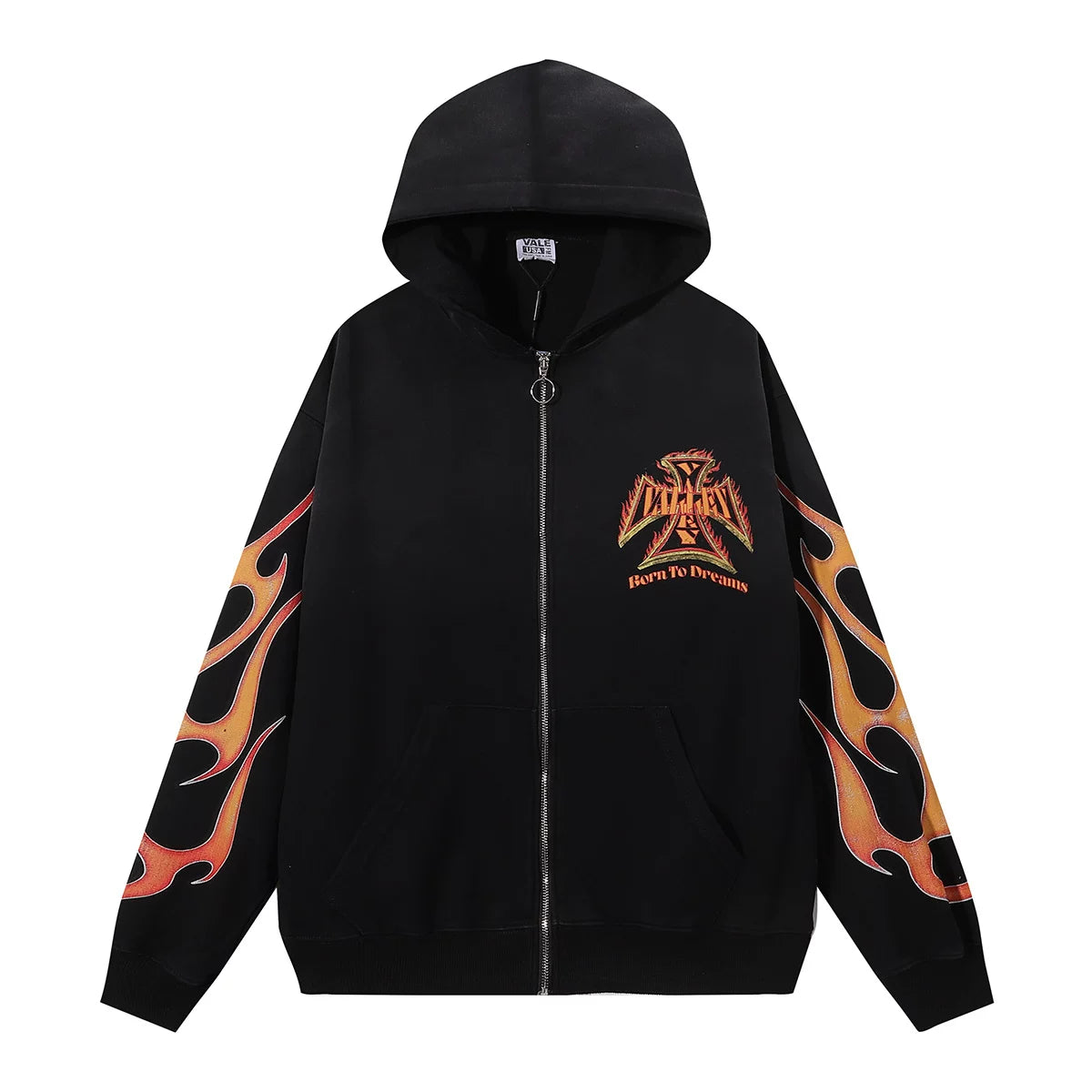 VALEFOREVER Black Flame Sleeve Logo Zip Up Hoodie