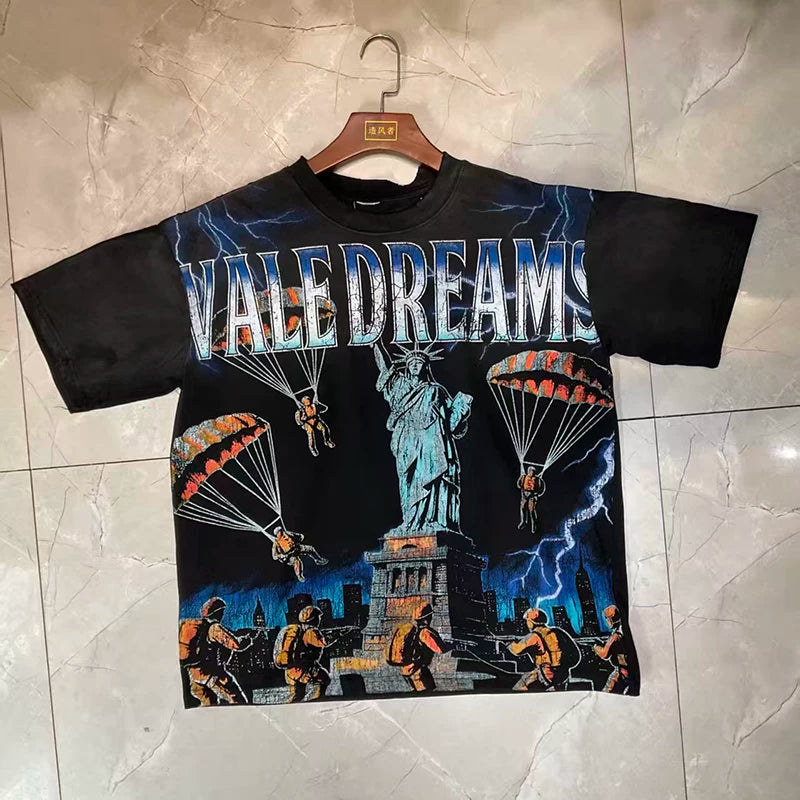 Valleydream Black Parachute Statue Of Liberty Vintage Graphic T-Shirt