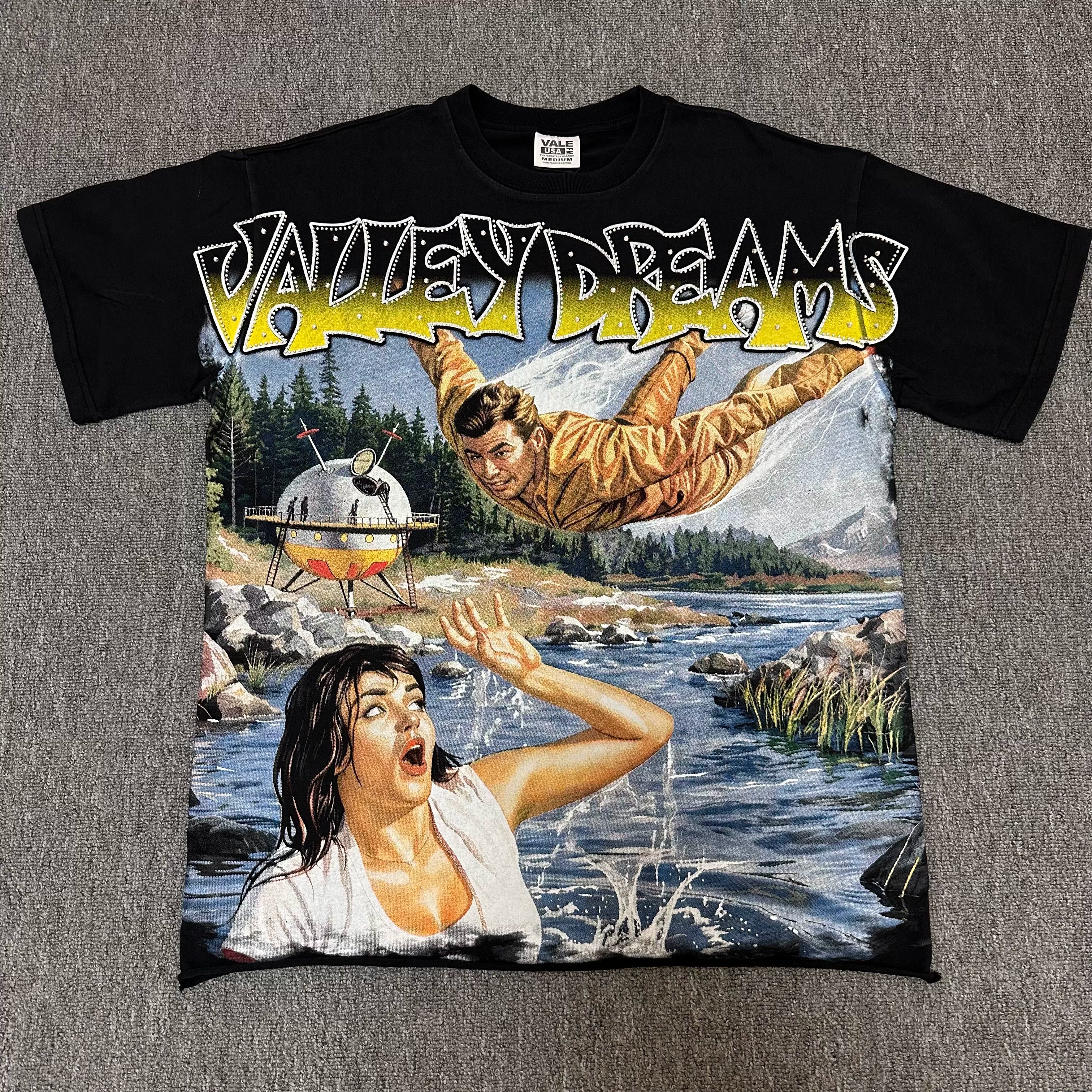VALEFOREVER Black Retro River Panic Movie Graphic Short Sleeve T-Shirt