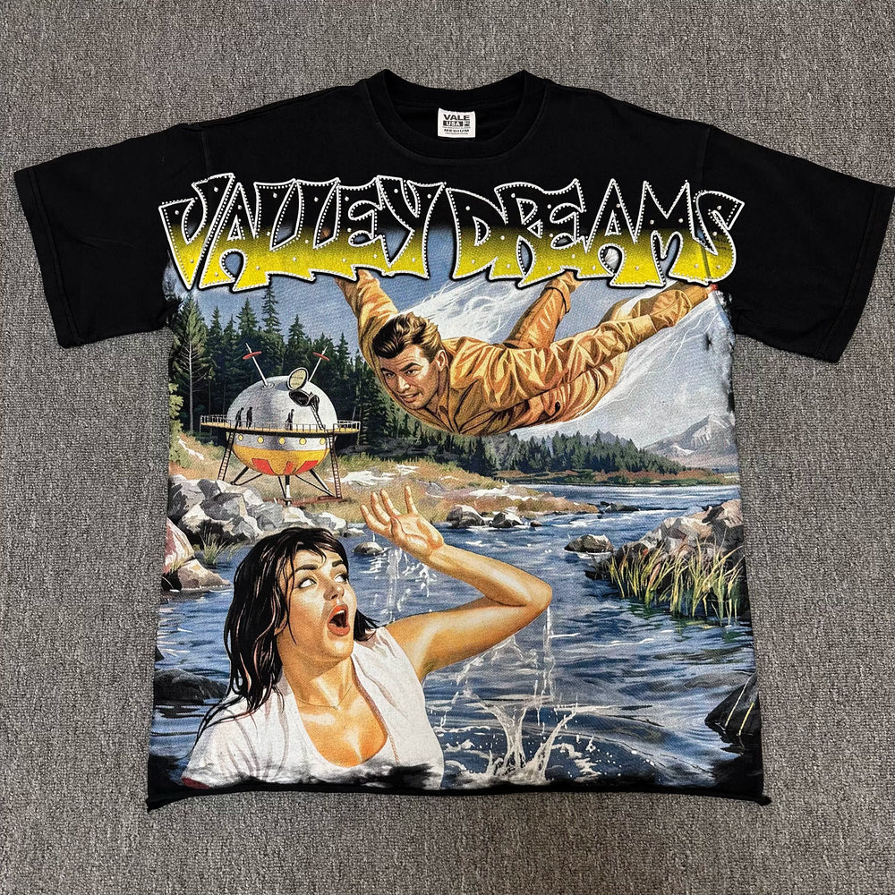 VALEFOREVER Black Retro River Panic Movie Graphic Short Sleeve T-Shirt