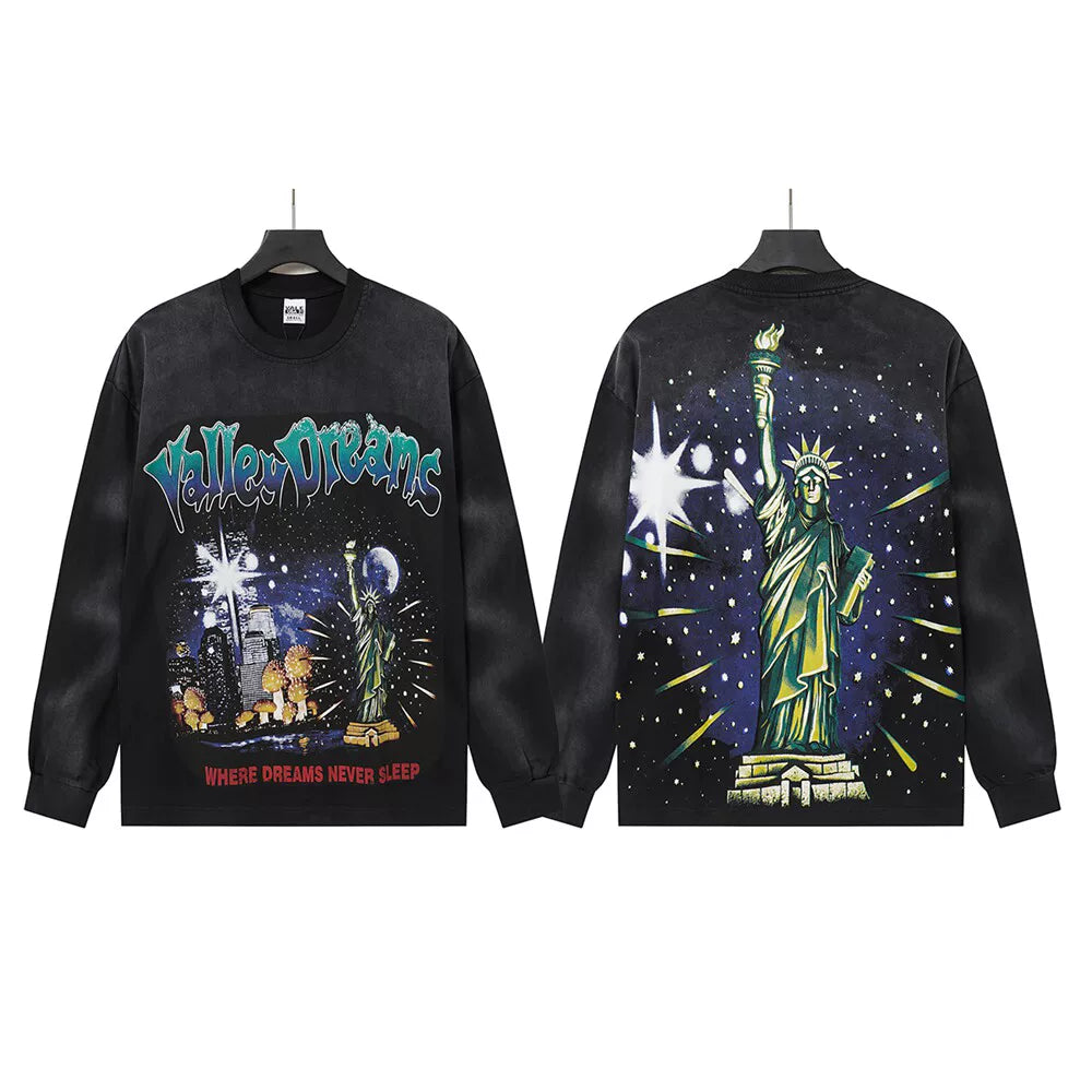 VALLEYDREAM Black Statue Of Liberty Vintage Graphic Long Sleeve T Shirt