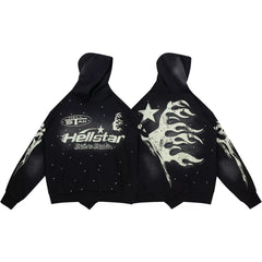 HELLSTAR Black Rhinestone Star Flame Hoodie