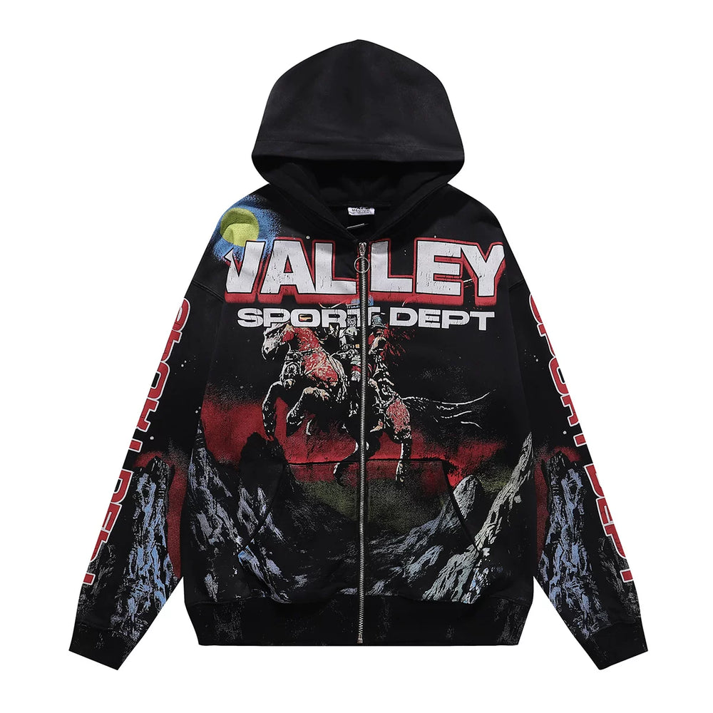 VALEFOREVER Black Valley Sport Dept Cowboy Graphic Zip Hoodie
